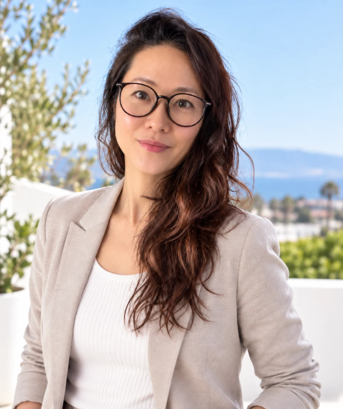 Mika Nonaka on an outdoor terrace